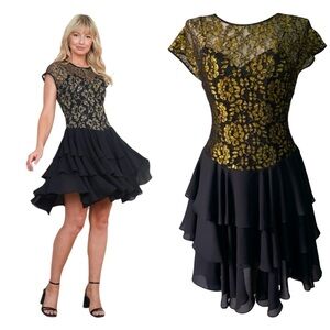 Late‎ Edition PETITE VINTAGE 80s Gold Metallic Dress  Lace illusion SIZE 6